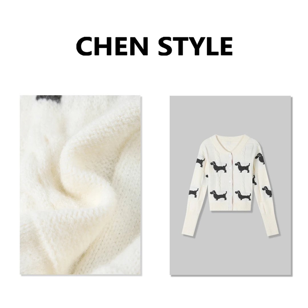 楚楚君~【小奶狗】Y58748圆领开衫小狗图案针织上衣