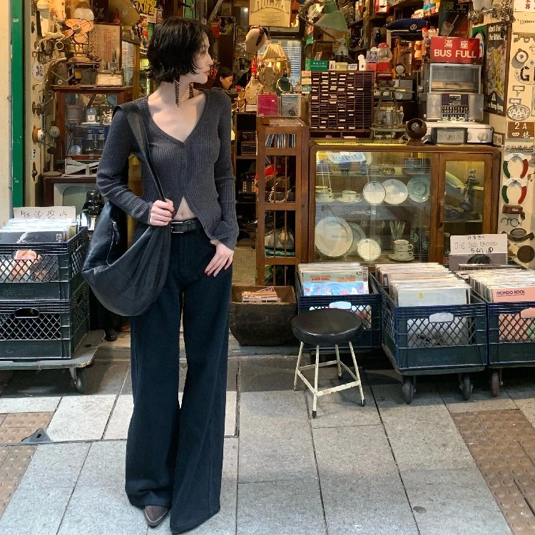 酒午自制 港风复古春季高腰显瘦宽松牛仔裤KLF4041