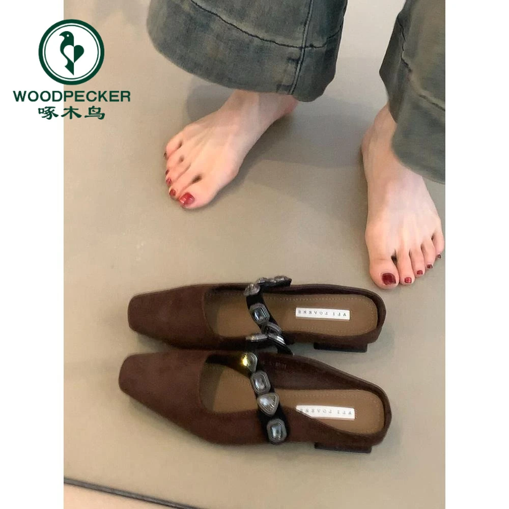 啄木鸟网红晚晚风温柔气质方头水钻包头半拖鞋女夏外穿平底粗跟鞋