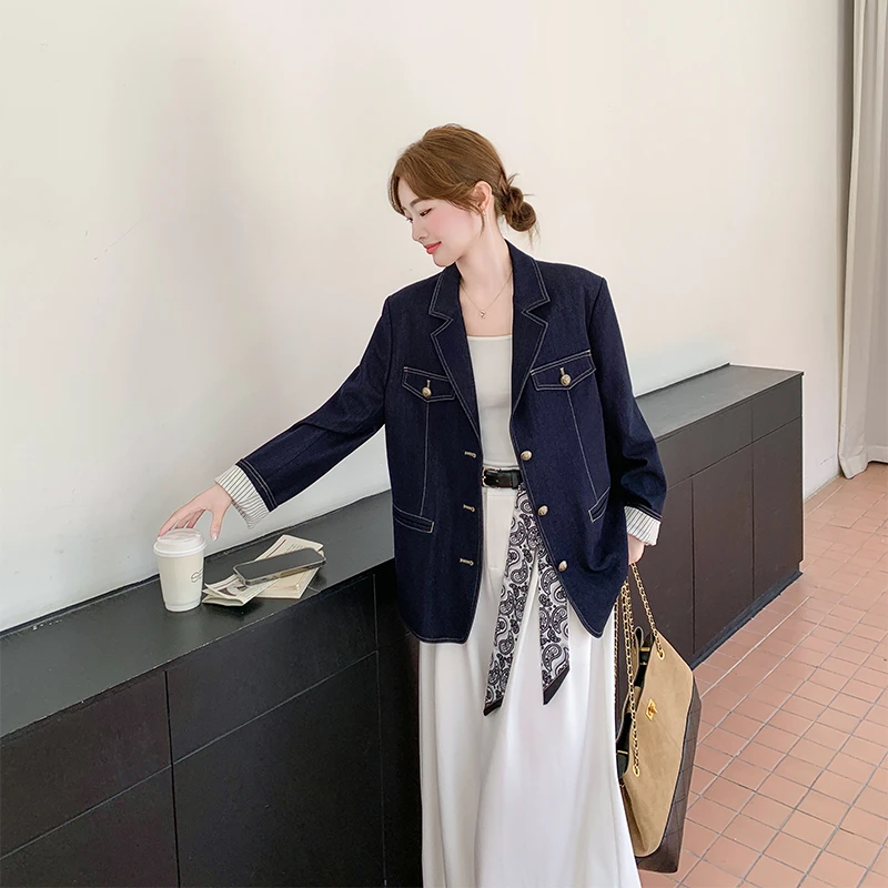 藏青色牛仔西装外套女2025秋季新款韩系宽松休闲时尚春秋通勤韩版