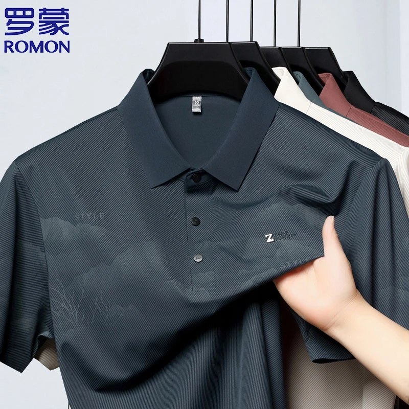 Romon/罗蒙山水画罗蒙夏季男士商务休闲纯色宽松Polo衫无痕短袖