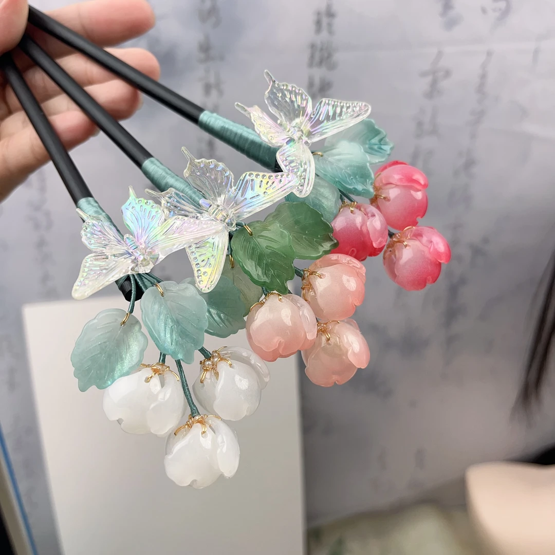 026柠芳秋原创 汉服发饰木簪头饰粉色紫色旗袍配饰古风海棠花发饰