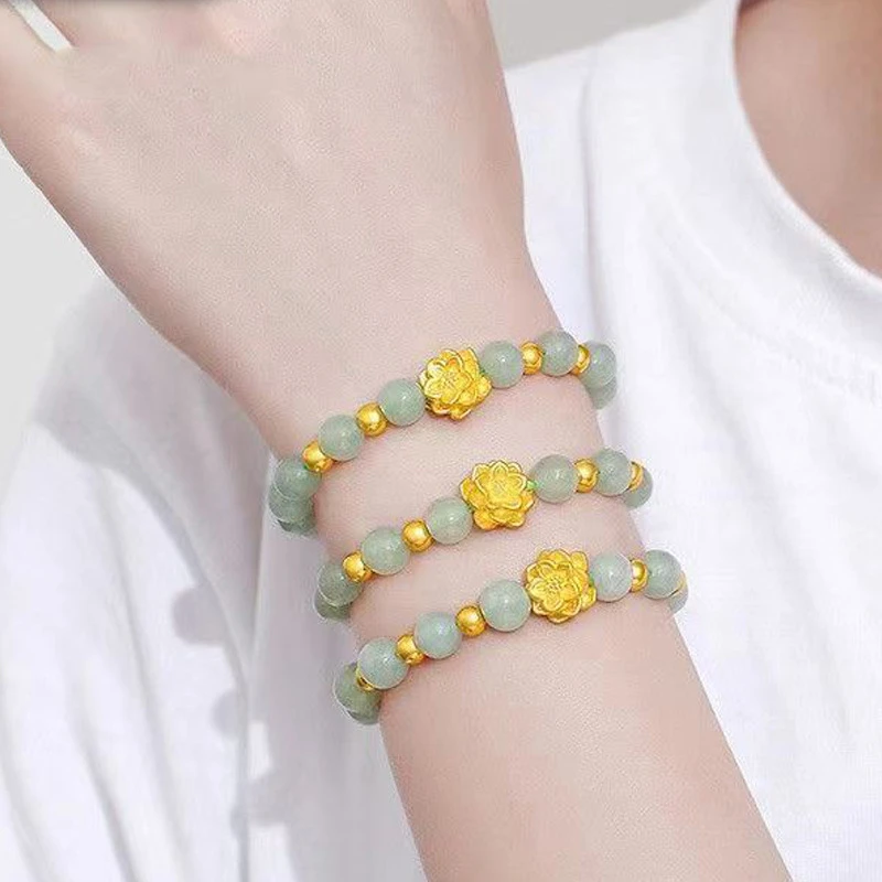 黄铜玻璃手链 仿和田玉平安莲花手串女优雅复古民族风仿绿玉手链