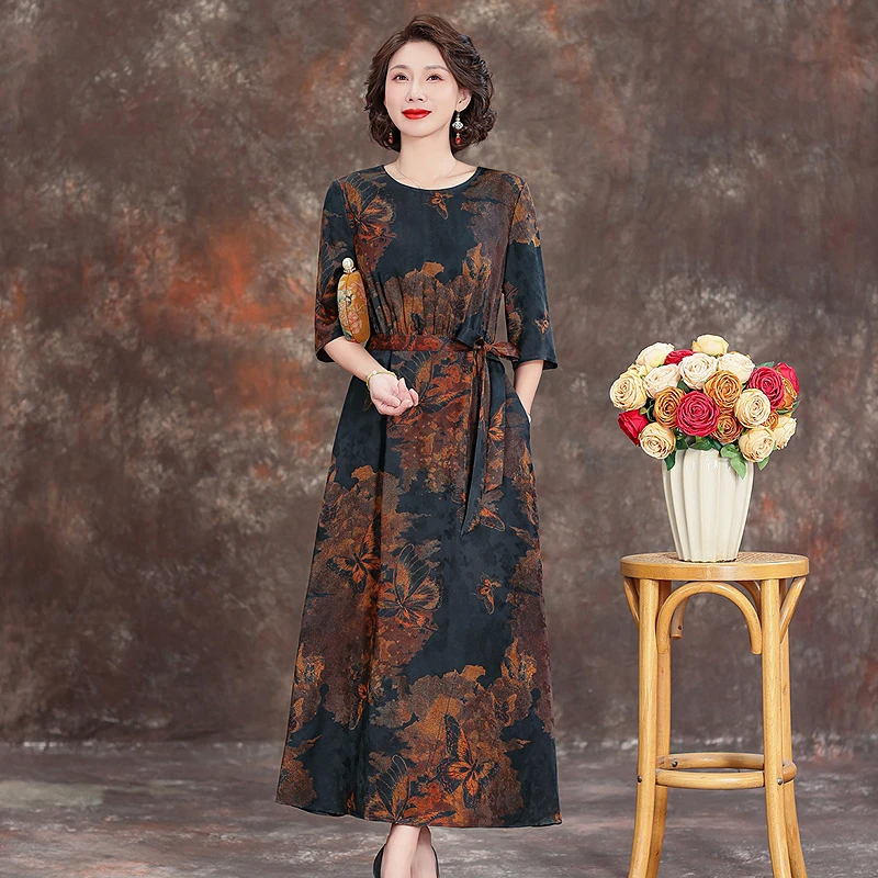新中式连衣裙女2025春夏新款七分袖复古优雅妈妈A字裙