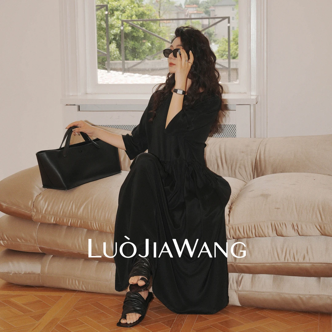 100%桑蚕丝舒适时髦艺术夏季百搭宽松连衣裙LUOJIAWANG【黑色诗人】
