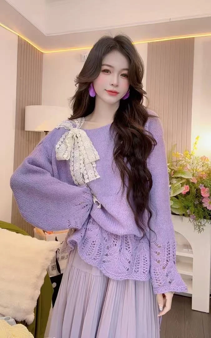 秋季新款镂空针织上衣拼接蕾丝温柔宽松百搭网红甜美韩版设计感