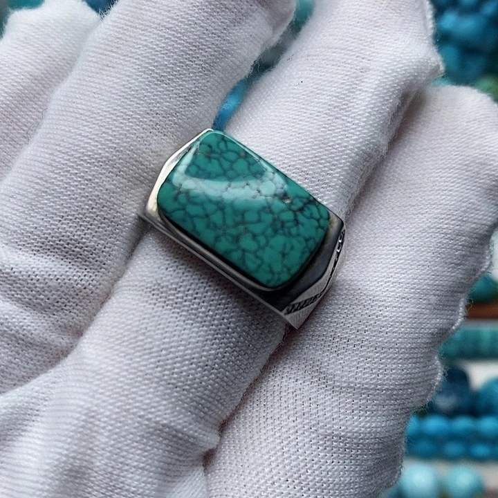 绿松石银S925镶嵌天然原矿 地大质检