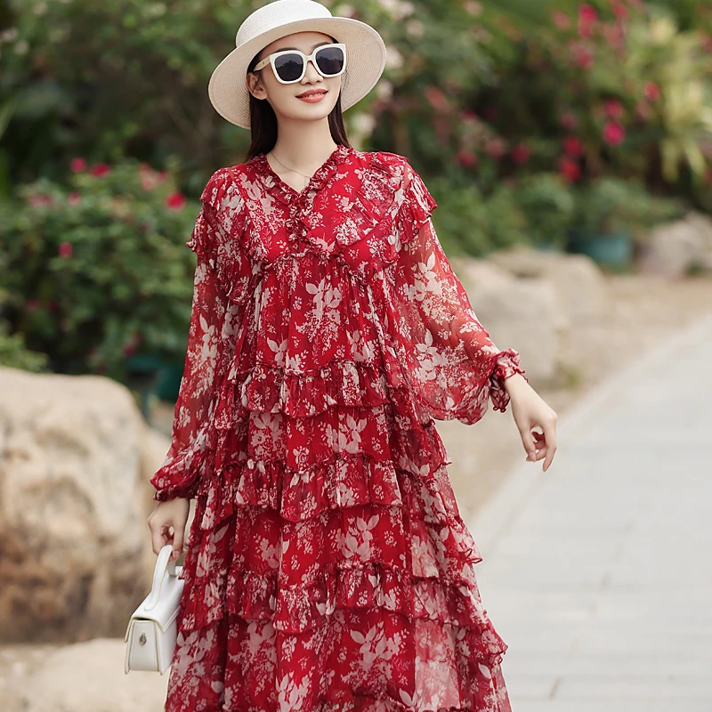 拜占庭的森林桑蚕丝连衣裙高档女高端时尚轻奢减龄气质印花中长款