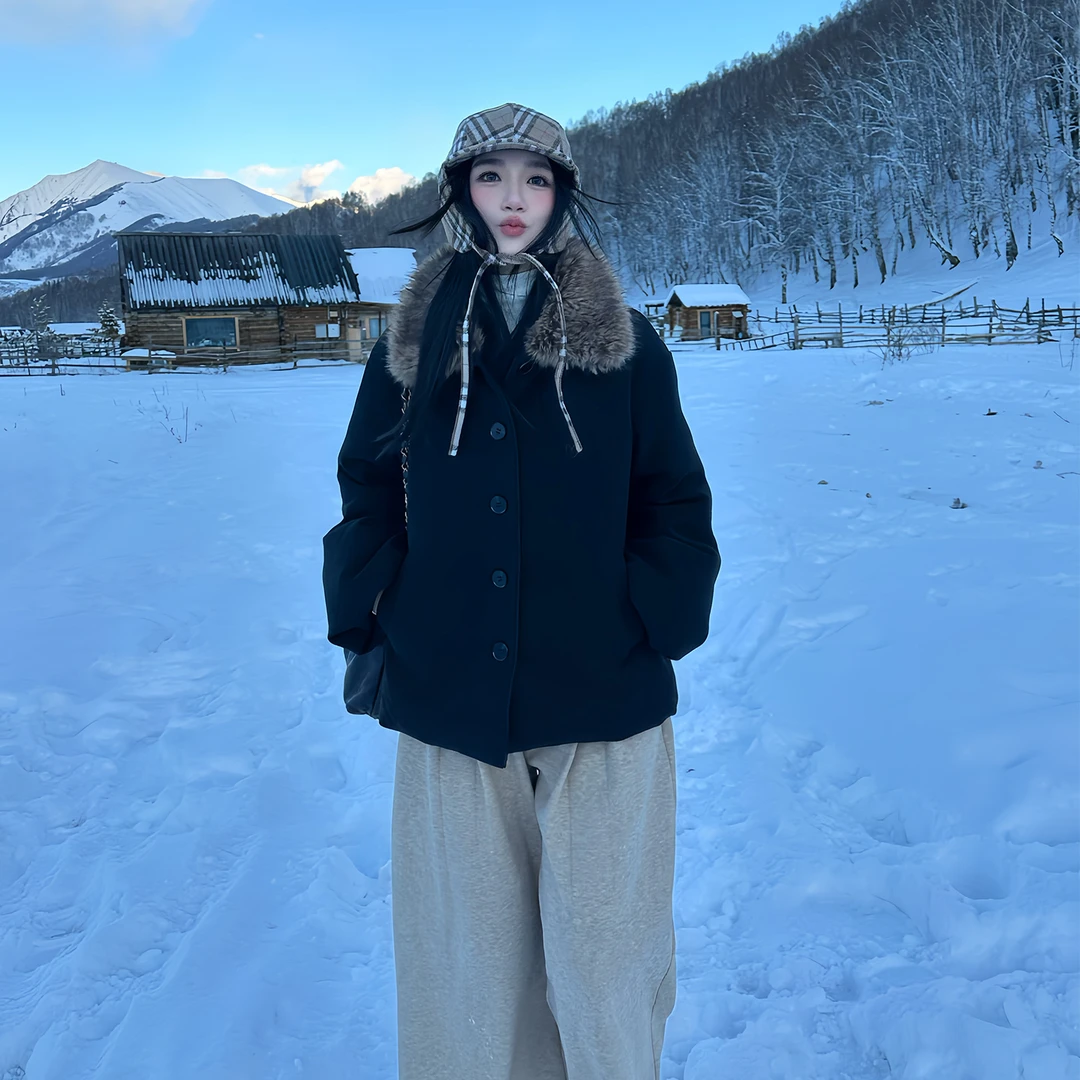 誉芝yuzhi 高级感斗篷式翻毛领羽绒服冬季90白鸭绒保暖黑色外套女