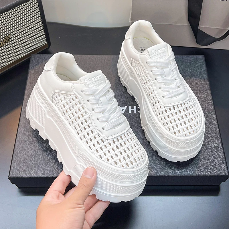 镂空厚底增高小白鞋子2025年夏季新款编织洞洞鞋女百搭休闲鞋板鞋