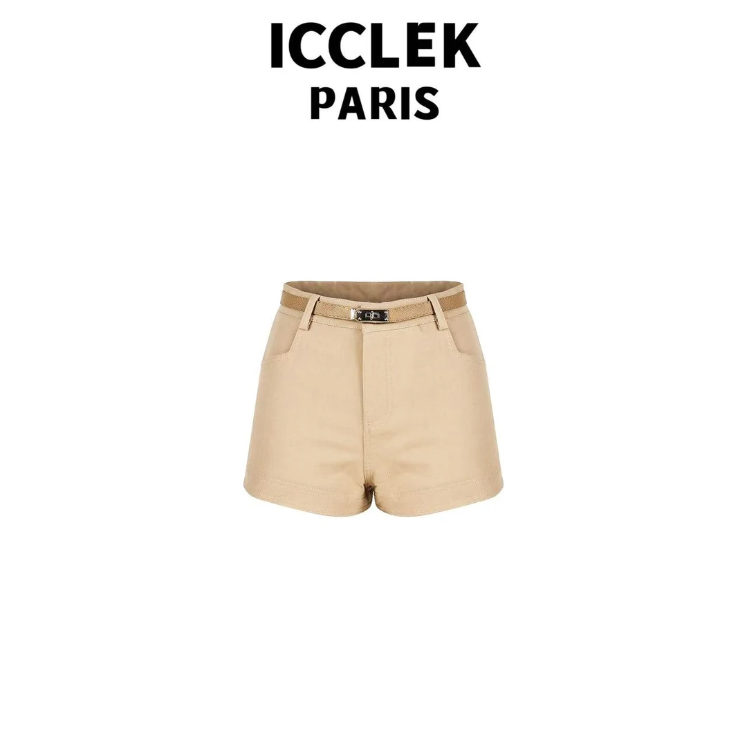 ICCLEK 咖色休闲百搭腰带减龄短裤宽松修身气质时尚-5820