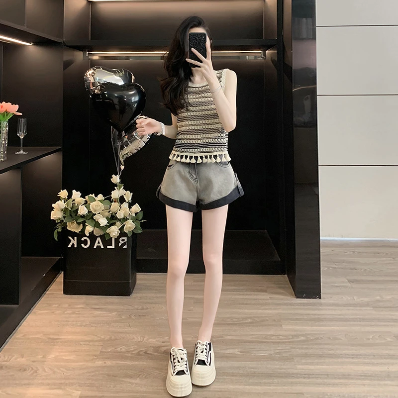 夏季休闲套装女气质炸街减龄小个子可爱短袖上衣牛仔短裤两件套潮