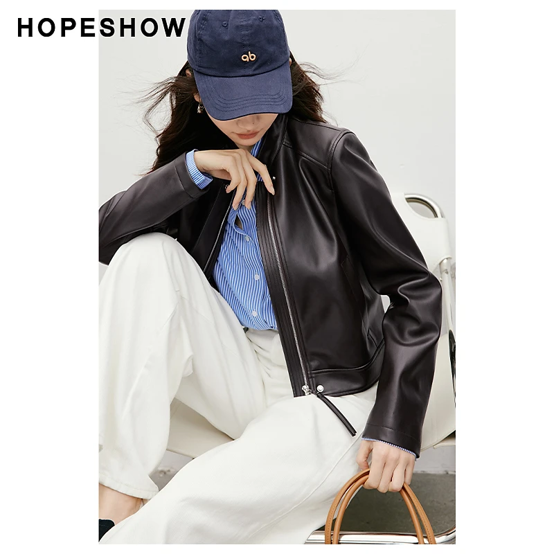 红袖春季2025新款女装 直身正肩拉链立领环保皮短外套90225050401