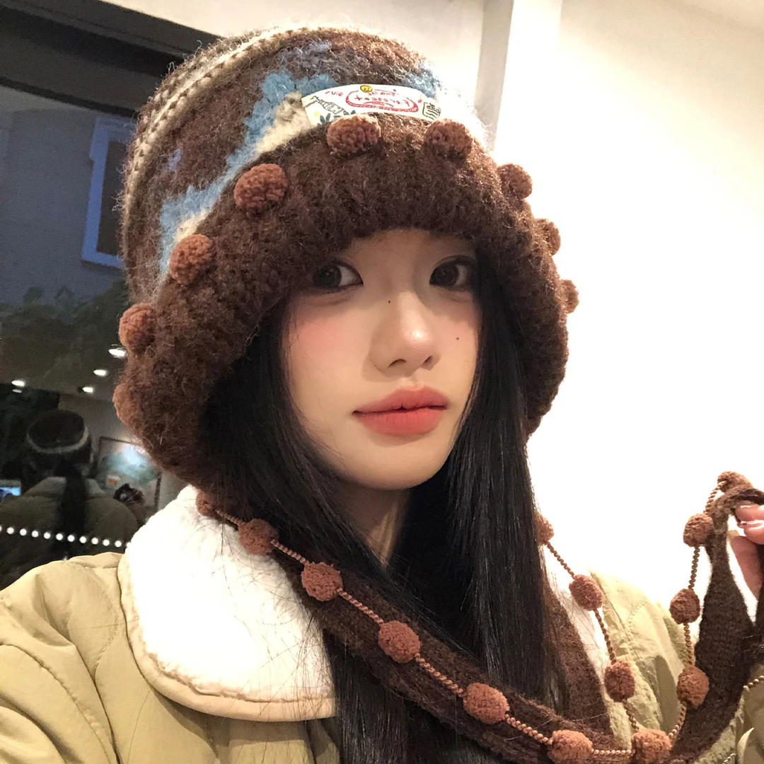 费尔岛撞色针织毛线帽女秋冬季百搭大头围显脸小护耳保暖套头帽子