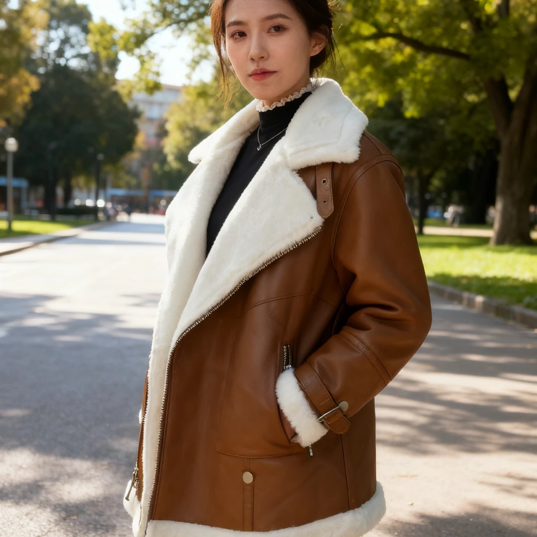 皮毛一体机车服皮夹克加绒加厚骑士拉链式外套美式复古皮衣夹克