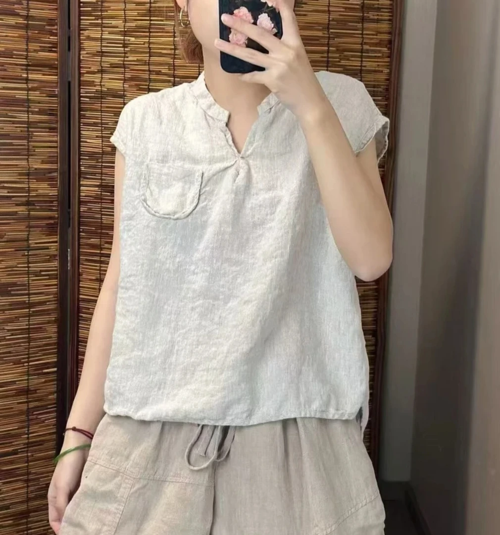 宽松显瘦百搭亚麻短袖9375