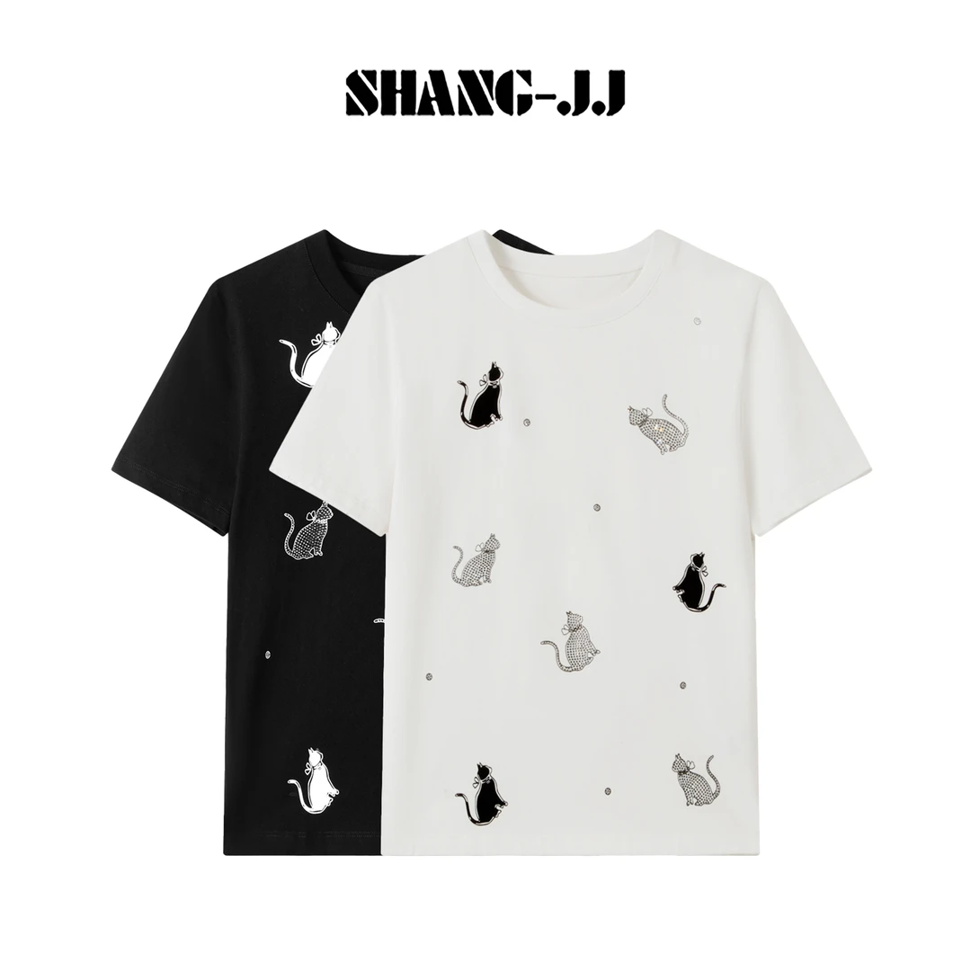 SHANG-JJ【小喵T】25ss新品满分棉手工贴钻修身减龄T恤q133534p
