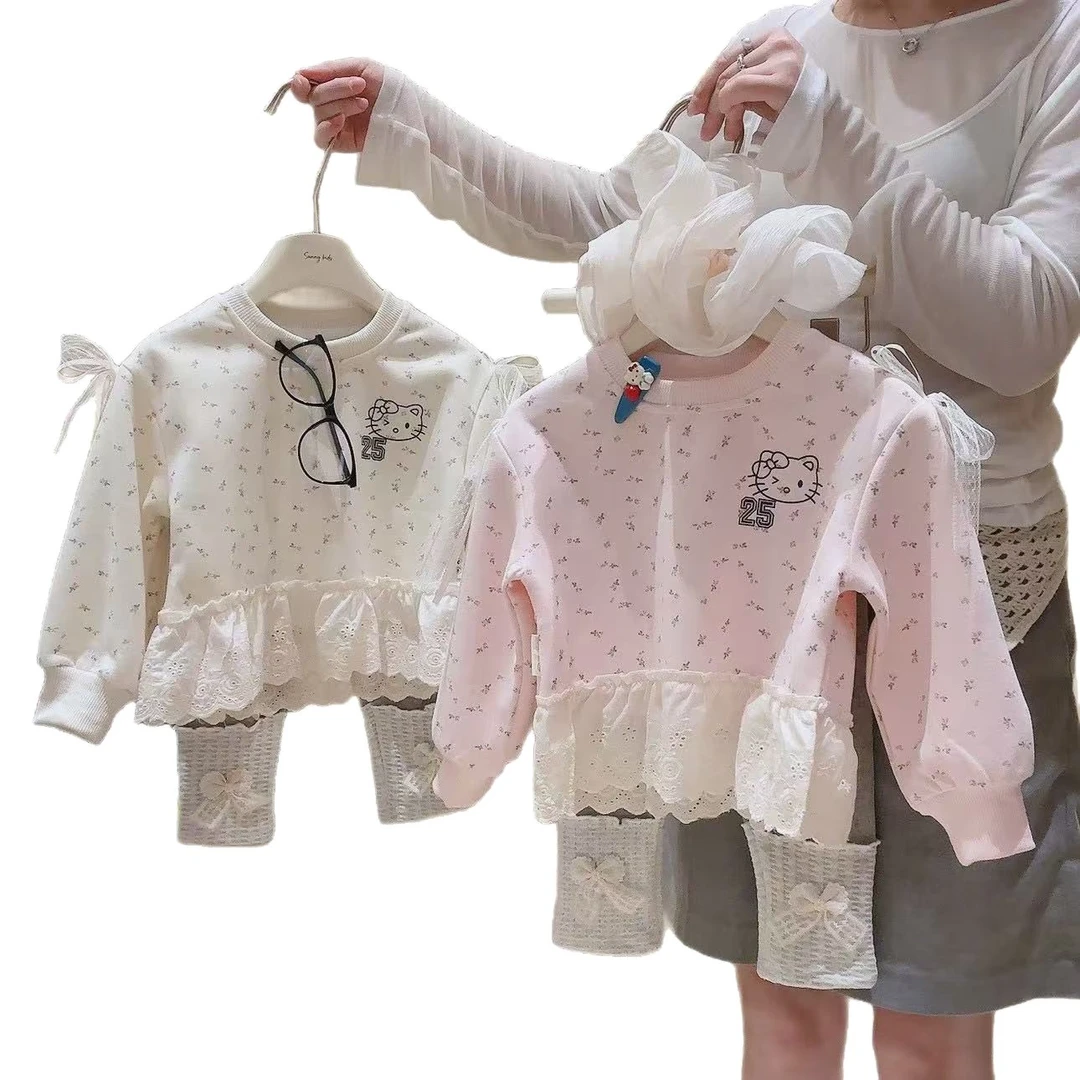 女童两件套女宝宝可爱满印小KT时尚卡通圆领卫衣堆堆打底裤套装棉