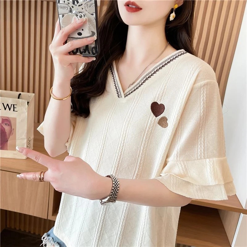 甜美风V领设计感短袖t恤女夏季新款韩版宽松小个子百搭显瘦上衣潮