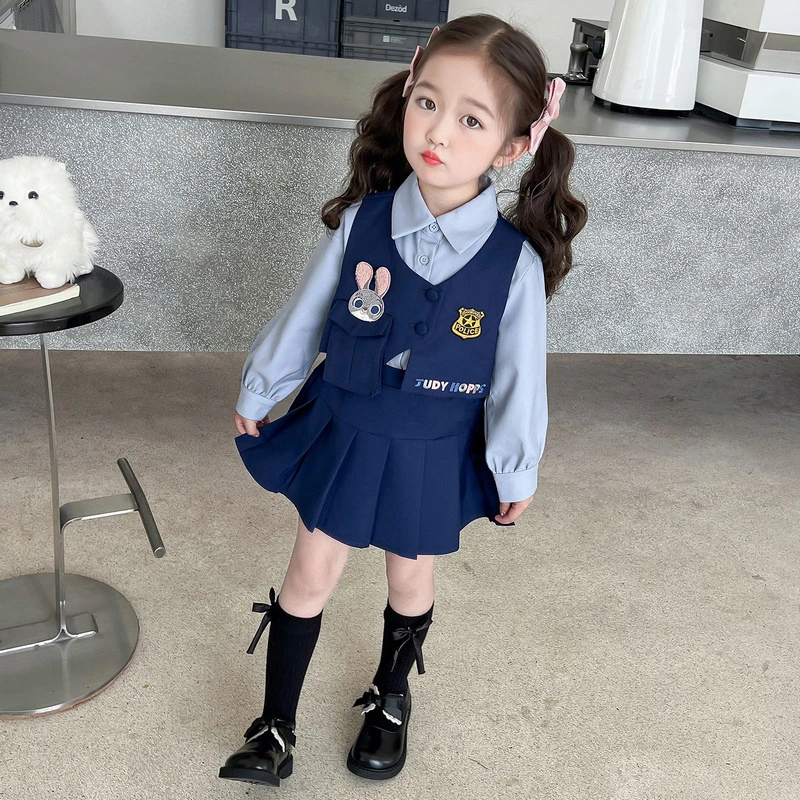 女童学院套装2025儿童新款朱迪兔子警官衬衫百褶裙宝宝jk三件套