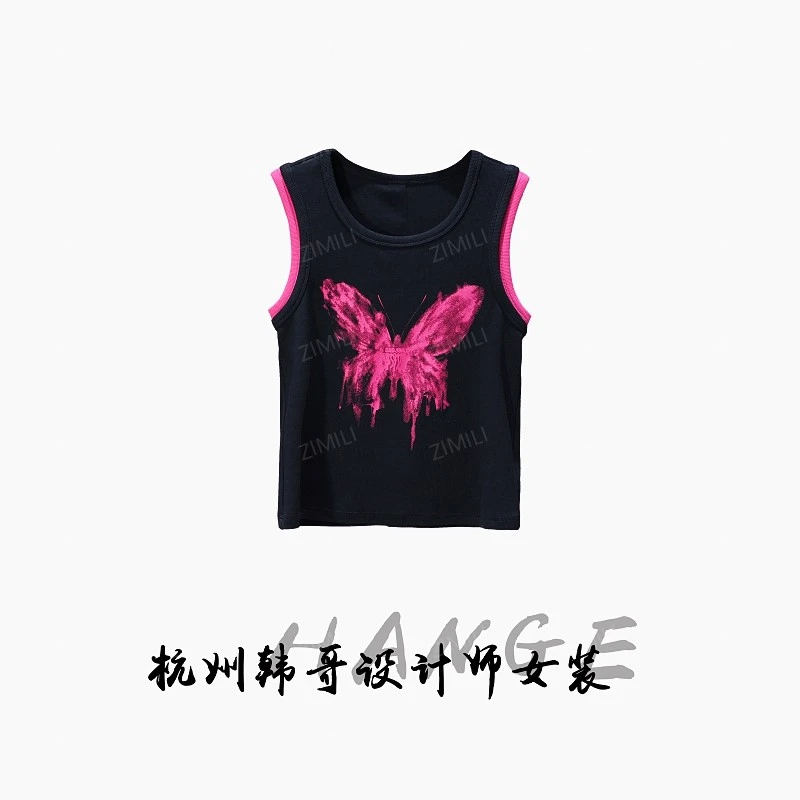 【韩哥女装】2025欧版简约暗夜黑蝴蝶水印时尚休闲高弹背心9298-B8