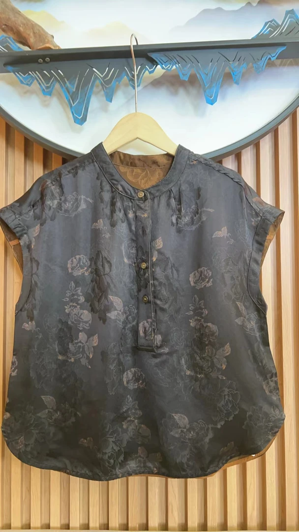 国风优雅宽松型半开领夏季新中式上衣复古衬衫圆领 8325