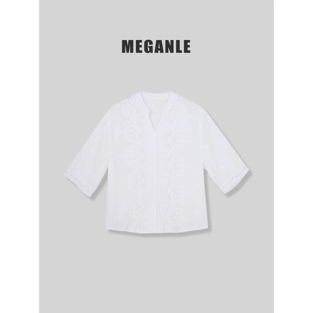 【轻盈】MEGANLE 重工镂空V领法式五分袖上衣2024136