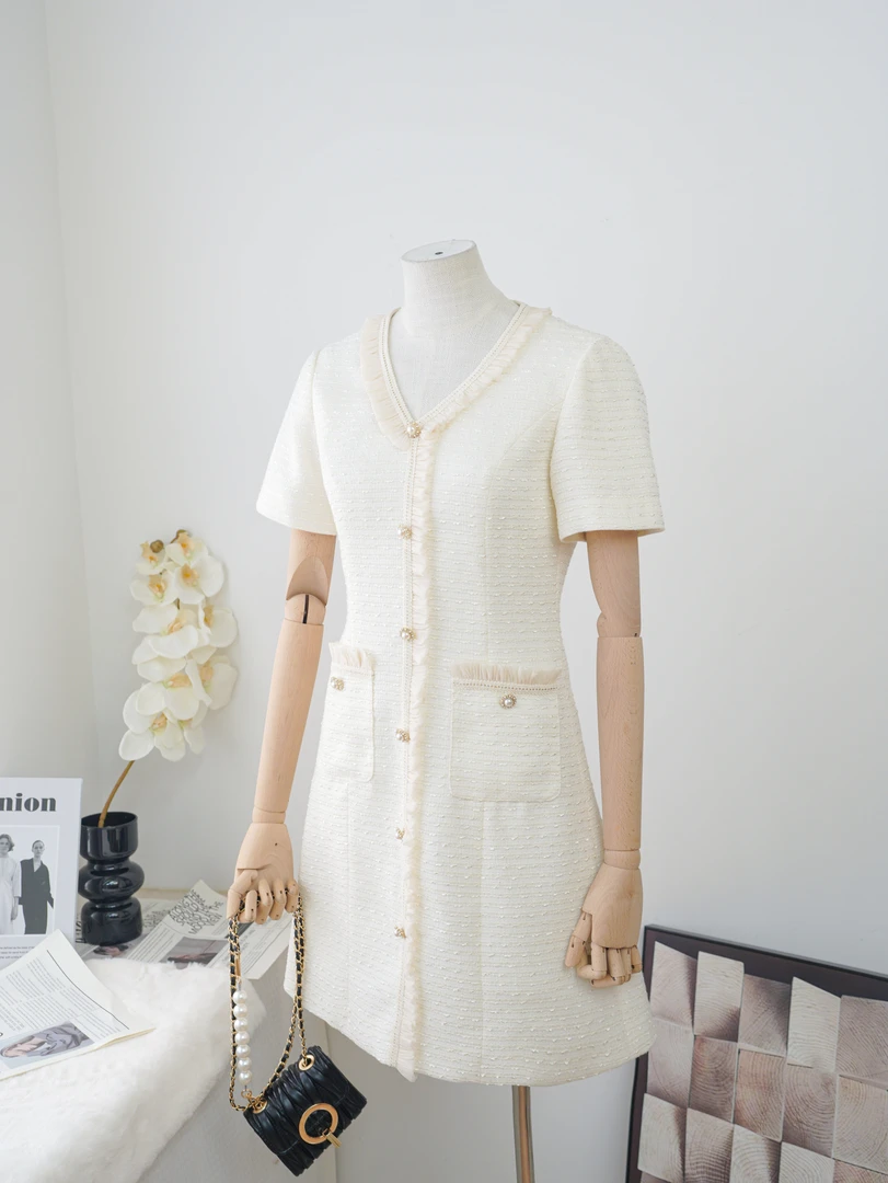 法式白色圆领小香风连衣裙女夏季通勤高级感气质百搭a字裙A75503