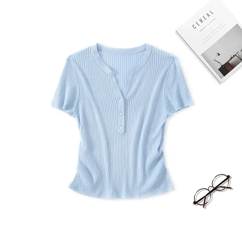 天丝莱赛尔桑蚕丝纽扣半开夏季V领T恤针织短袖女薄款套头t恤上衣