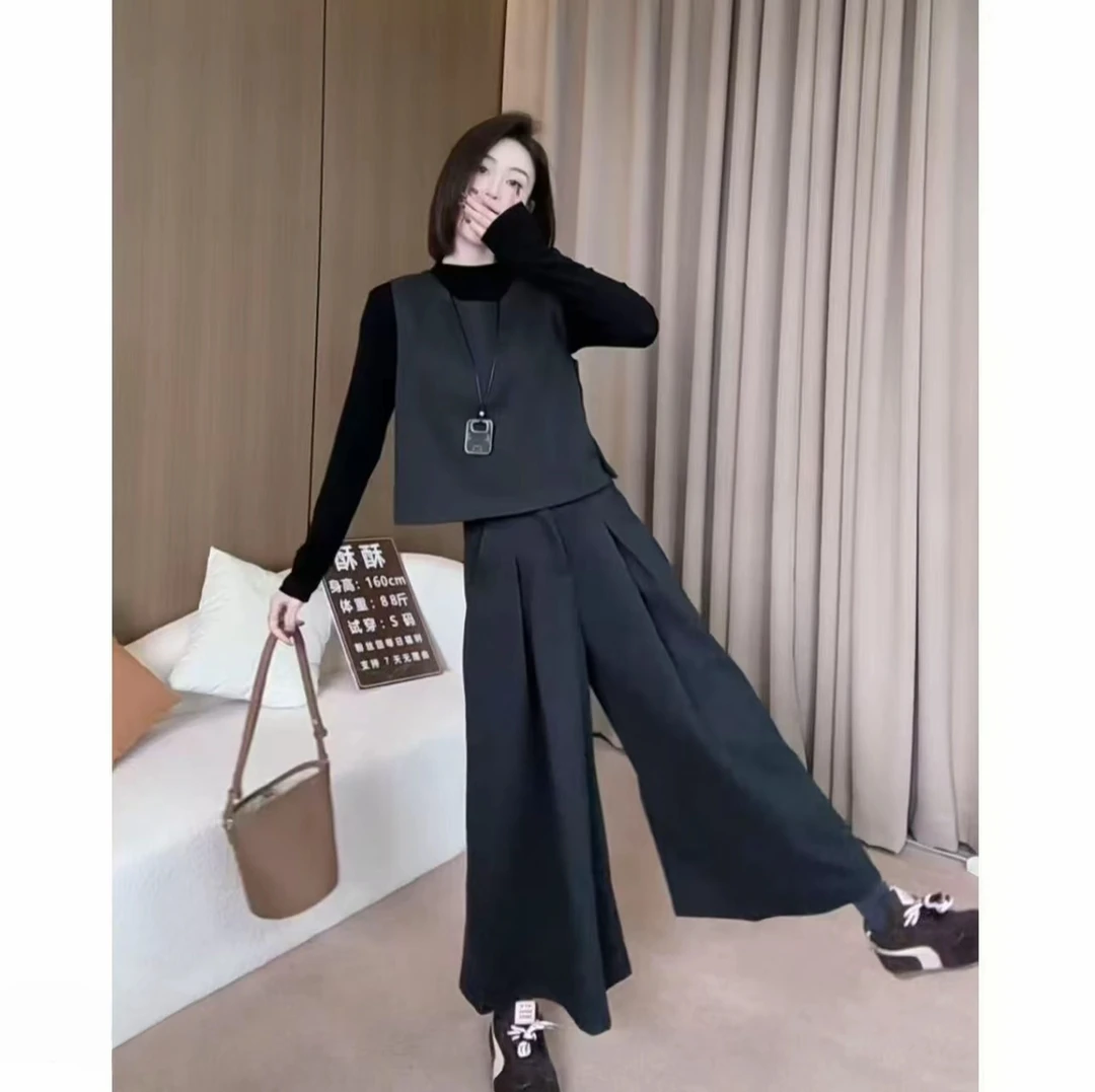 复古文艺气质套装2025秋冬新款打底衫马甲阔腿裤高级感三件套2613