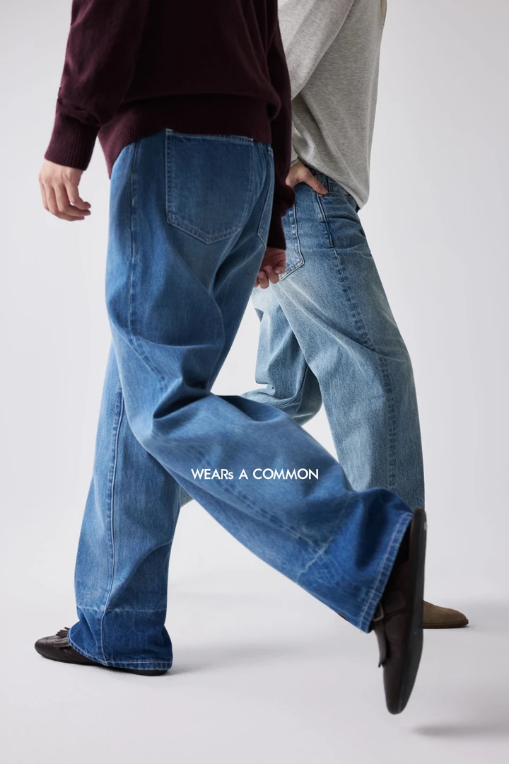 WAC 红边窄幅浸染水洗立体裁剪直筒宽松riri拉链蓝色阔腿牛仔裤