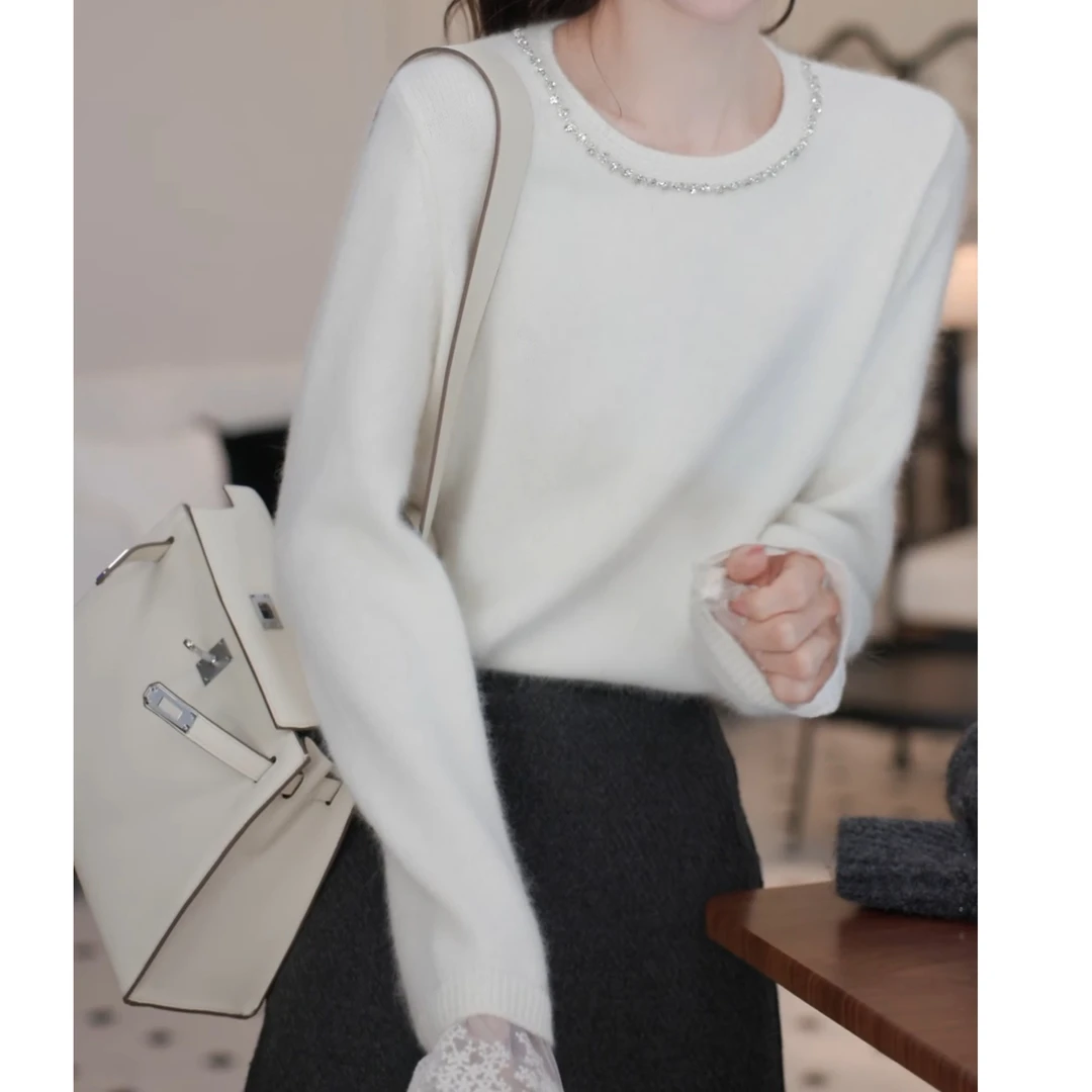 冬季韩版氛围感减龄重工领边水钻蕾丝袖口长袖针织上衣LK2501017