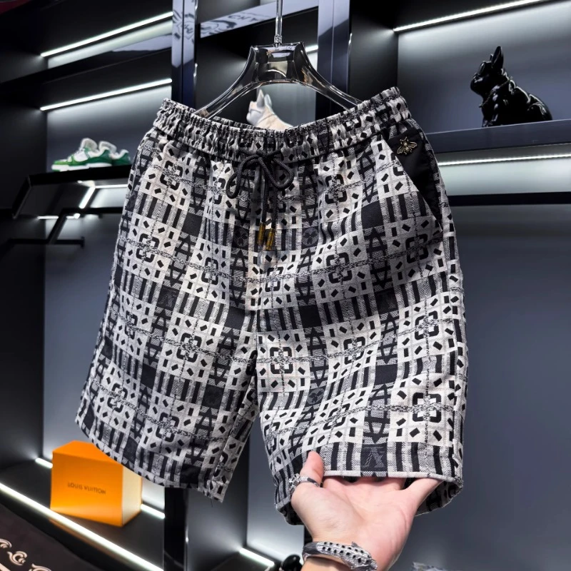 佩托本那男士高端格子印花外穿中裤男潮牌夏季欧货休闲沙滩五分裤