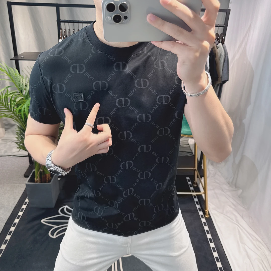 欧洲站夏季男士短袖t恤2025新款修身圆领半袖薄款上衣高端印花潮