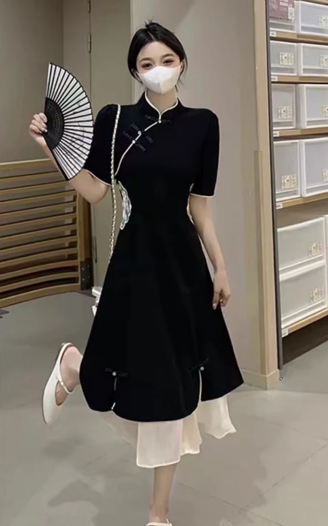 佳奇家新中式气质显瘦小黑裙收腰设计夏季舒适大码连衣裙女装