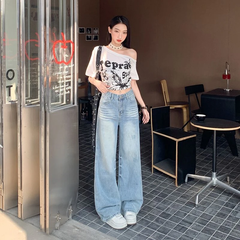 薄荷海盐洗水工艺牛仔裤2025新款春夏高腰宽松百搭休闲破洞阔腿裤