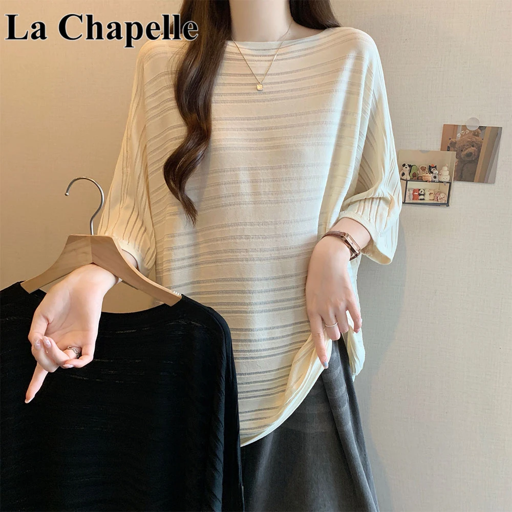 拉夏贝尔大码早秋慵懒风蝙蝠袖镂空T恤女胖MM宽松休闲风针织短袖