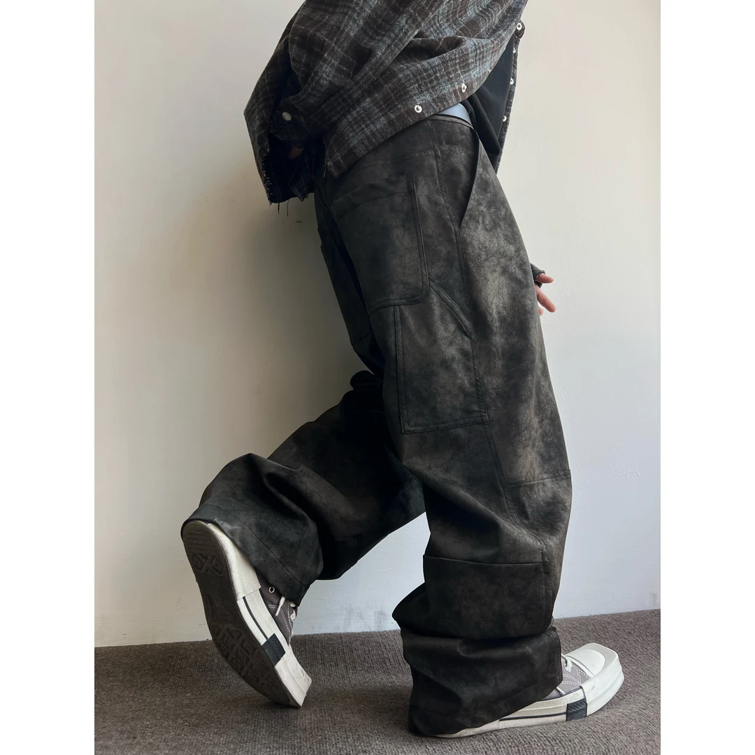 dannyandzee春季复古哑光丝绒感PU皮渐变伐木工装长裤MT06