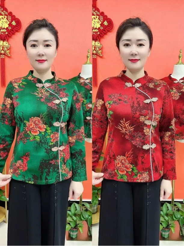 旗袍领大盘扣牡丹花小衫