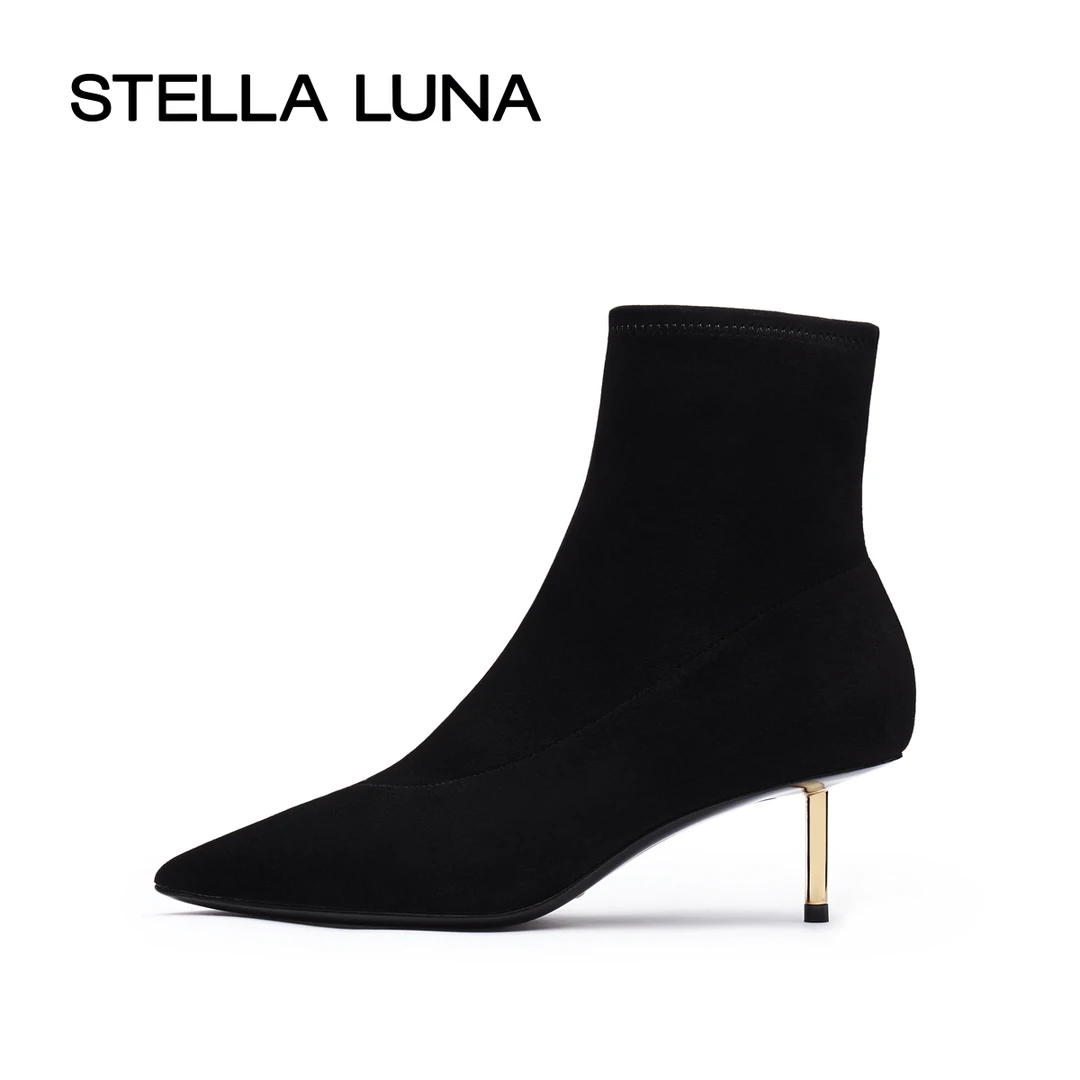STELLA LUNA女鞋24FW新款秋季尖头气质跟细跟经典短靴