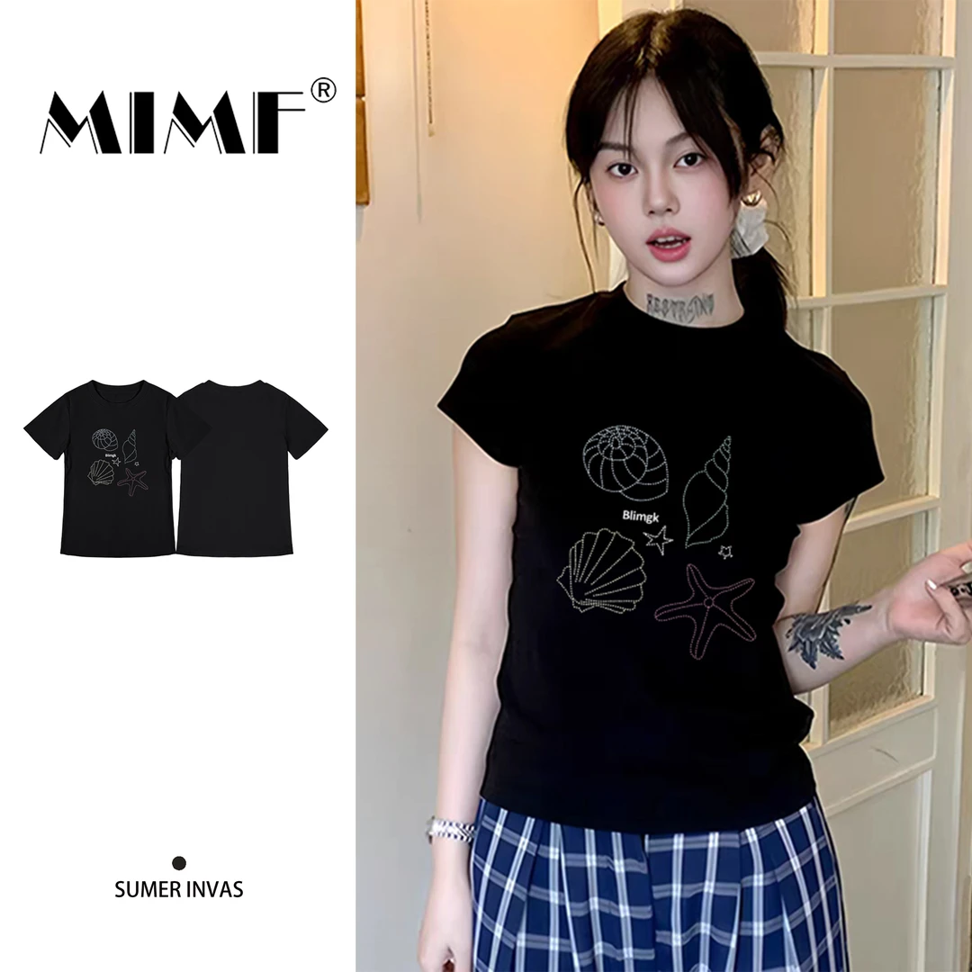mnmf韩系街头夏季新款正肩贝壳印花上衣高街休闲装修身短袖T恤女