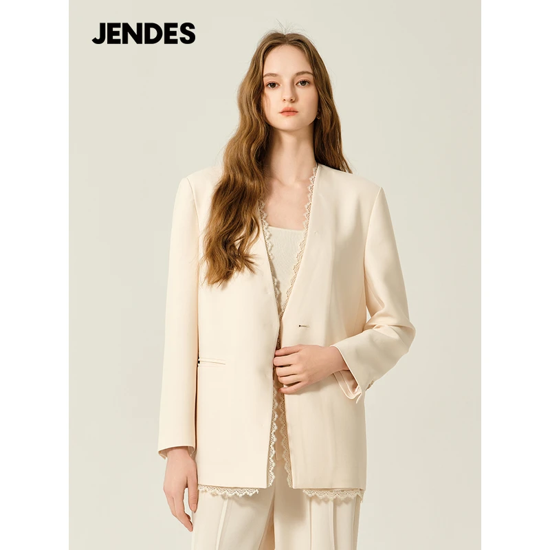 JENDES2025春夏新款女士轻奢高定蕾丝花边西装外套时尚气质上衣