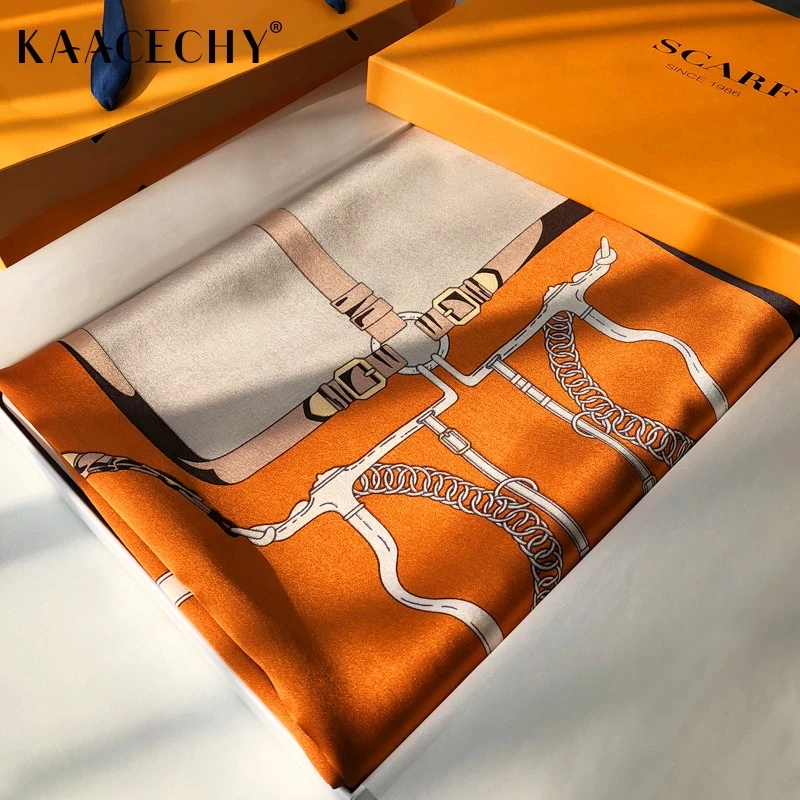 KAACECHY高档真丝丝巾女百搭欧美风长款皮扣双面复古桑蚕丝围巾