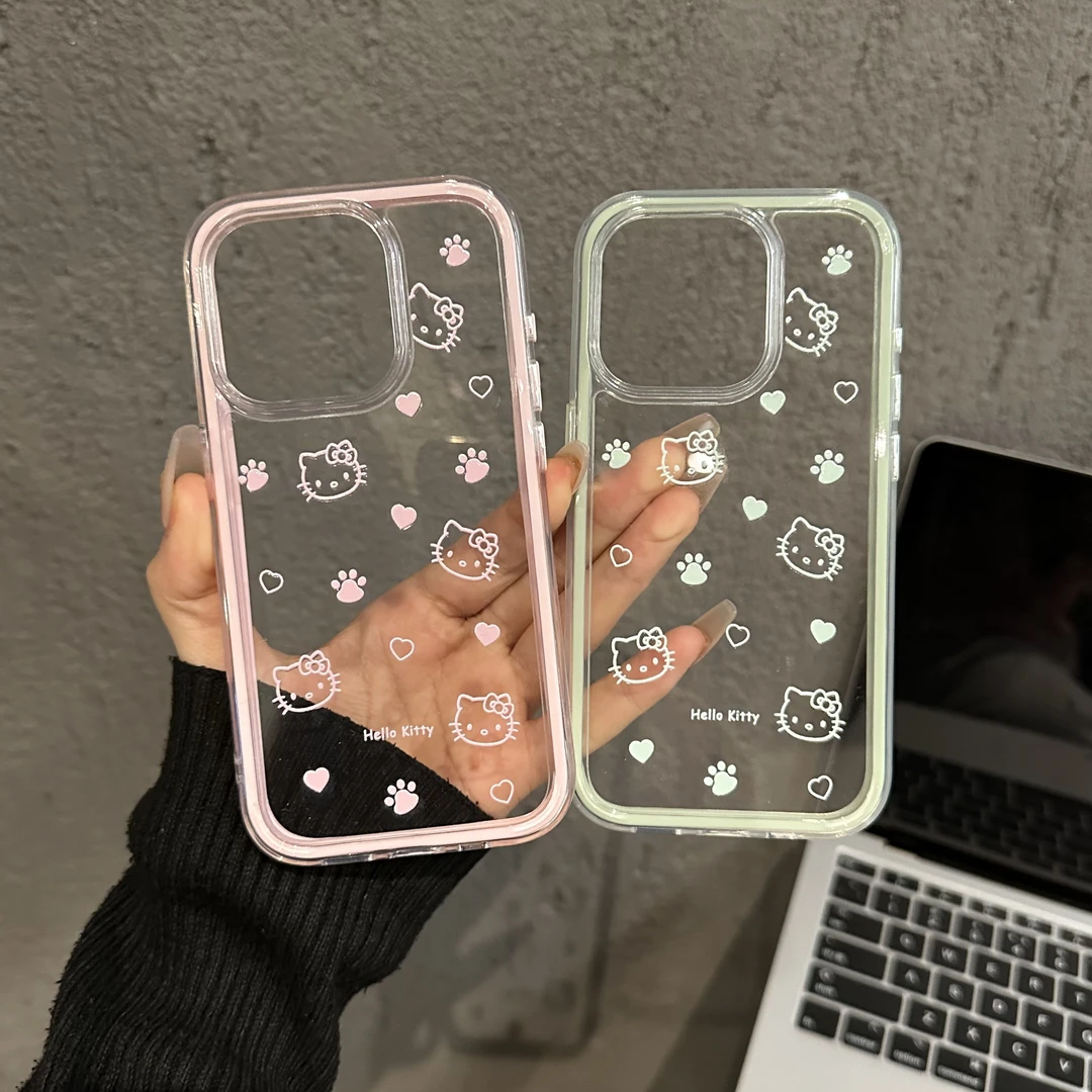 适用苹果16pro三合一炫彩iPhone15手机壳创意华为绿爱心kitty线条