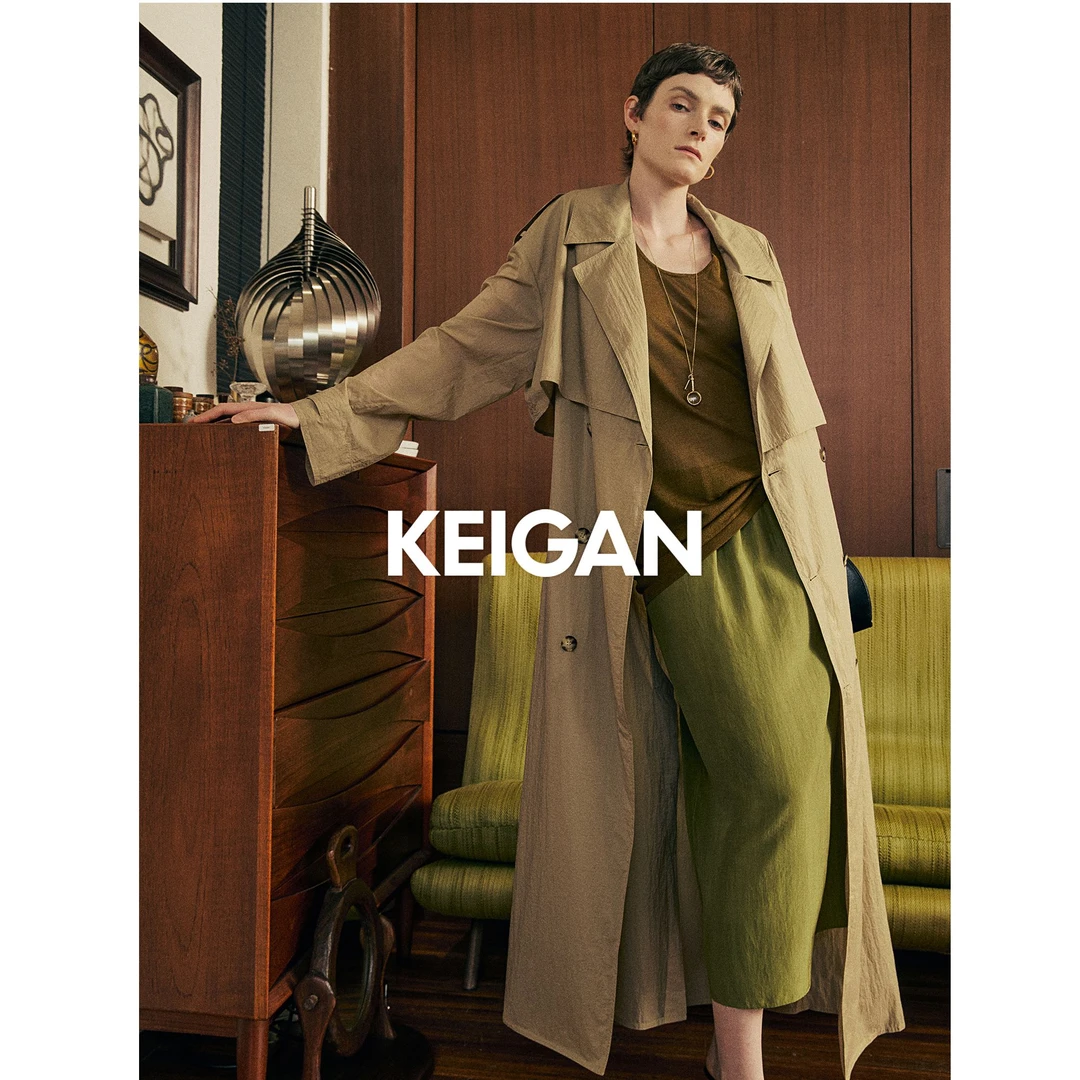 KEIGAN/开间空气洗薄透翻领双排扣宽松防晒超长风衣气质时尚休闲