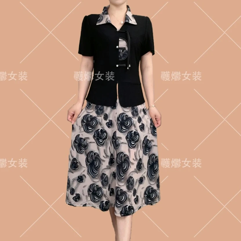 200斤有口袋爆款时尚妈妈装假两件新中式连衣裙气质显瘦洋气减龄