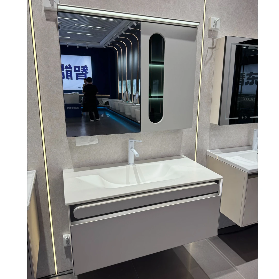 331奶油风浴室柜组合岩板热弯盆航空板烤漆工艺卫生间洗漱台