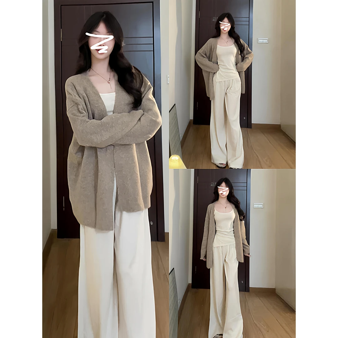 慵懒风早秋穿搭燕麦色毛衣针织开衫女春秋2025高级感宽松休闲外套