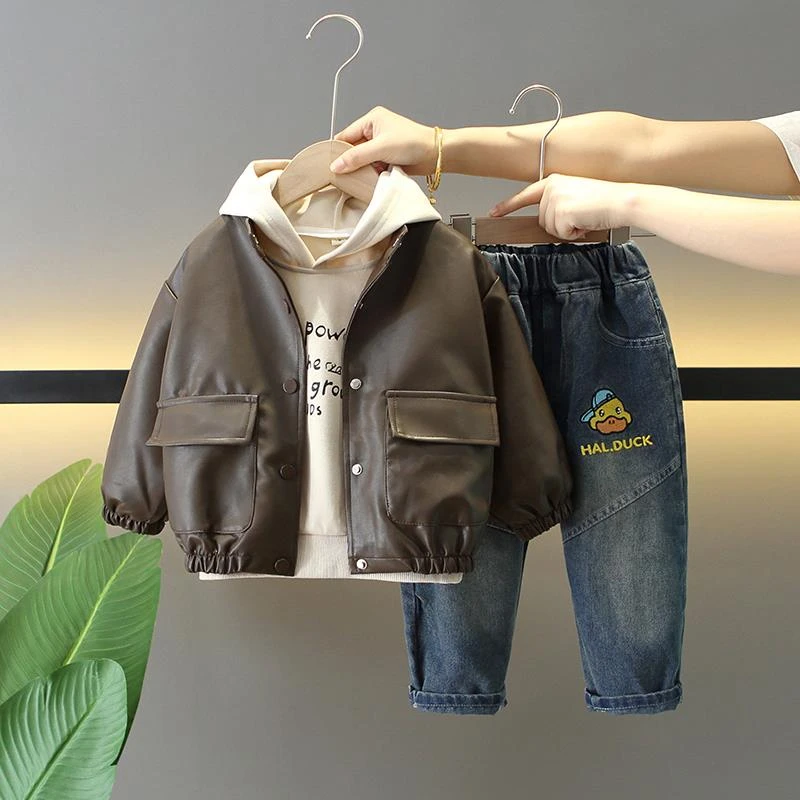 MK&UR.BV男童秋装套装2025新款酷帅儿童皮衣外套三件套宝宝春秋