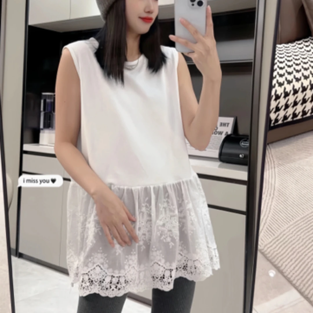 【欧欧】蕾丝边下摆叠穿打底衫2025春季宽松休闲内搭无袖T恤背心潮